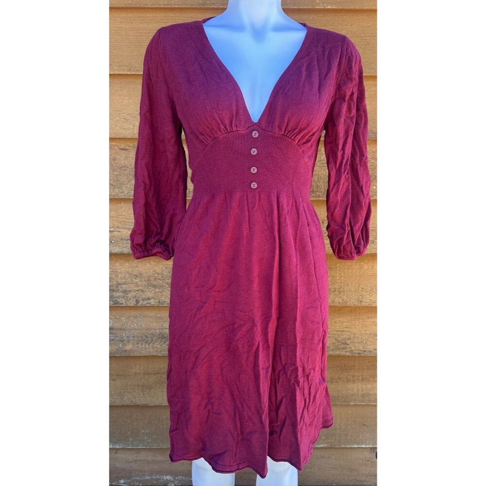 Liz Lange Maternity Burgundy Dress With Stretchy Knit Fabric & 3/4 Puff Sleeves